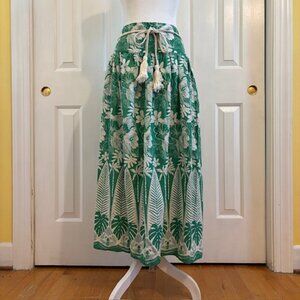 C&C California Green/White Hawaiian Print Maxi Skirt w/Woven Tasseled Tie Belt
